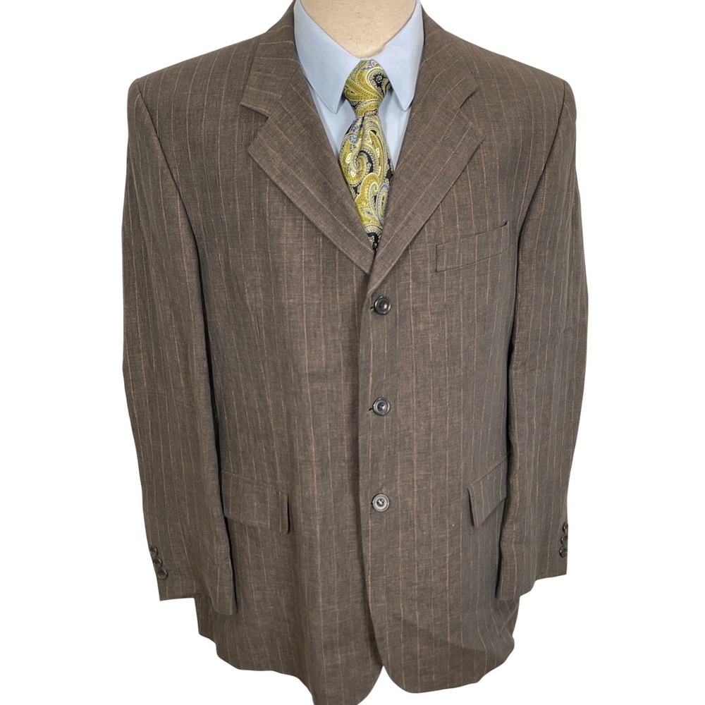 Alexandre London Alex Blazer Mens 44R Brown Gold Pinstripe Linen Suit Jacket‎